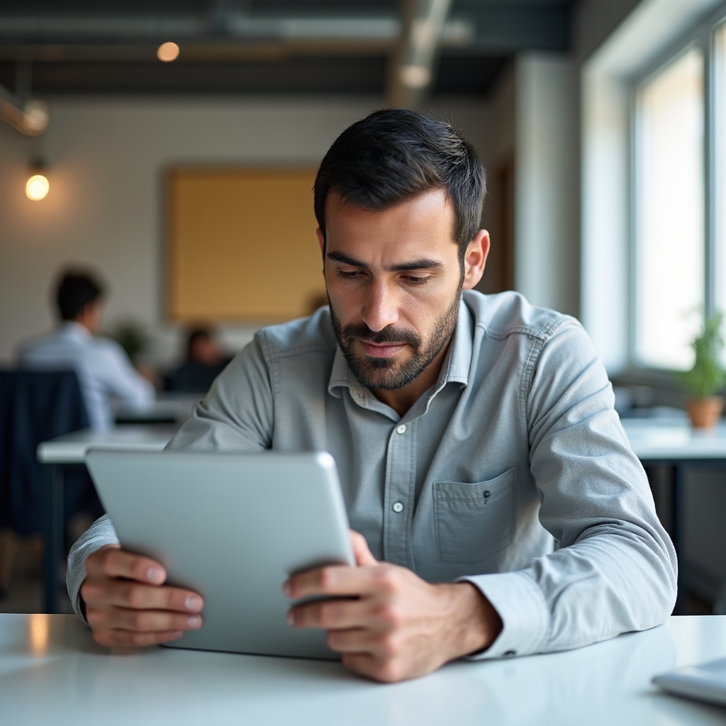 Argentine employee studying financial concepts on a tablet in a modern office