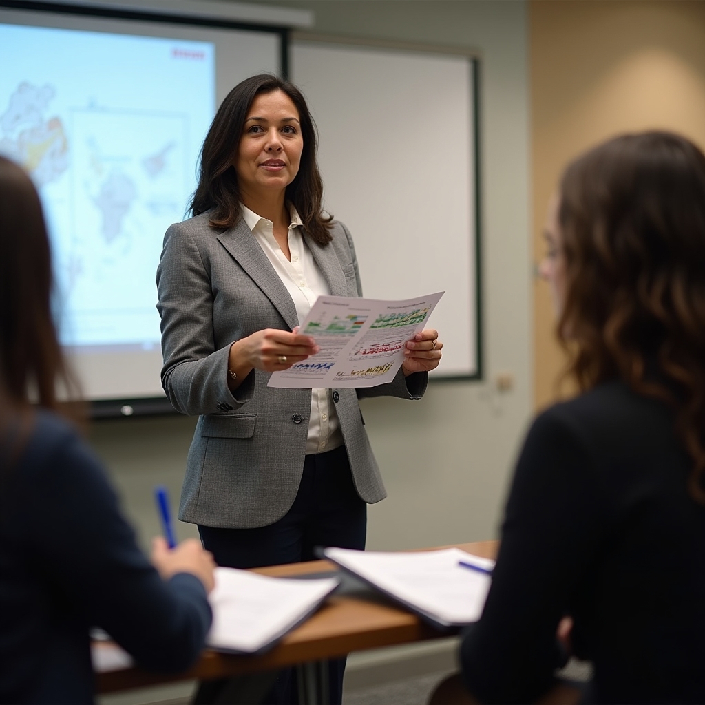 Educator explaining financial concepts using visual aids in a professional setting
