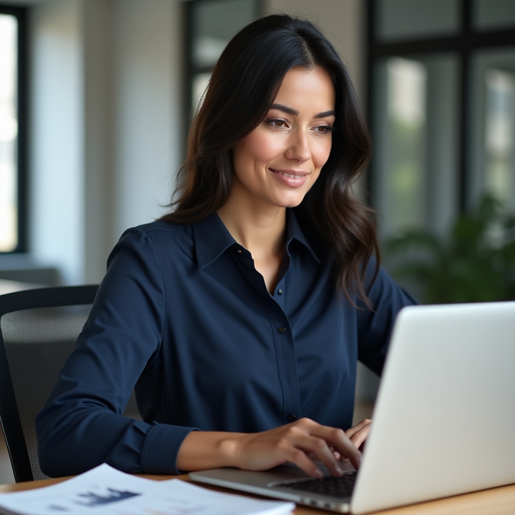 Person reviewing financial information on a laptop in a modern workspace
