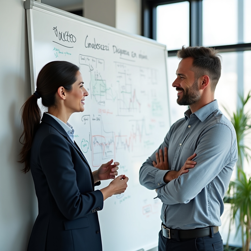 Team discussing financial education content in a collaborative workspace