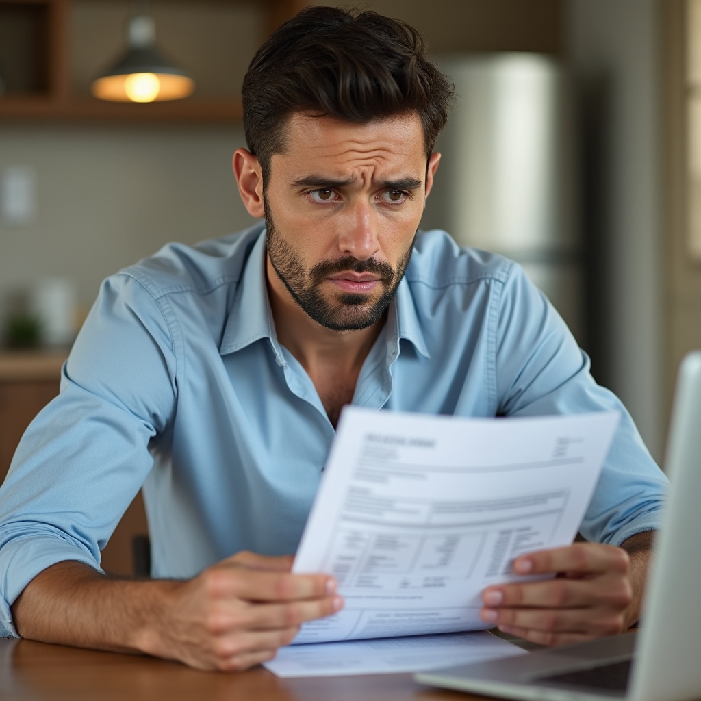 Employee carefully reviewing a payslip document, examining deductions and net salary details